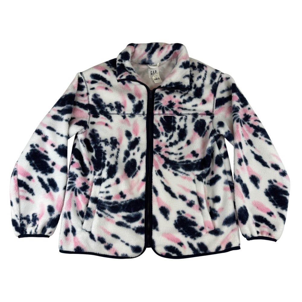 Gap Sherpa Jacket Kids Large White Pink Navy Tie Dye Zip Fleece 729758-04